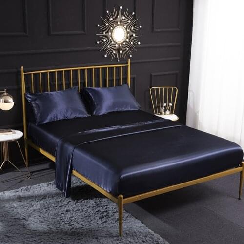 Imitated Silk Fabric Bedding Set Soft Bed Linens Flat Sheet+Fitted Sheet+Pillowcase Twin/Full/Queen/King Size Dark Blue