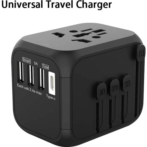 309T Universal Travel Charger Conversion Plug 100-250V 5A International Fast Charger 3 USB Ports+ Type-C Adapter
