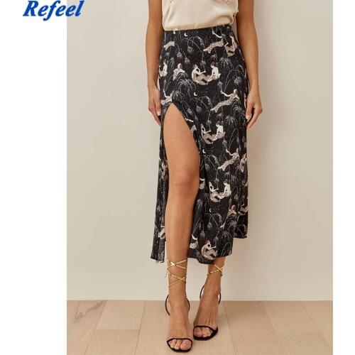 Dance Girl Print Midi Skirts Womens Elegant Slim Straight Skirt High Waist Chiffon Split Skirt