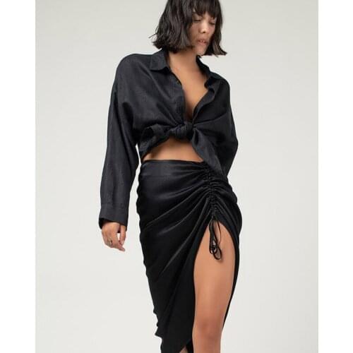 BBK Silk Skirts High Waist Elegant Office Ladies Long Midi Splited Side Bandage Irregular Skirts Basic Plain Black Basic Casual