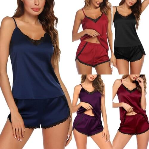 Womens Pajamas Sexy Lace Satin Sleepwear Lingerie Shorts Female Pajama Sets Underwear Pyjama Summer Home Suit Pijama Pour Femme