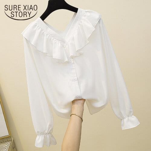 Elegant Sweet Blouses Women 2021 Autumn New Fashion Korean V-neck Ruffles Chiffon Tops Blusas Plus Size 4XL Loose Shirts 10223