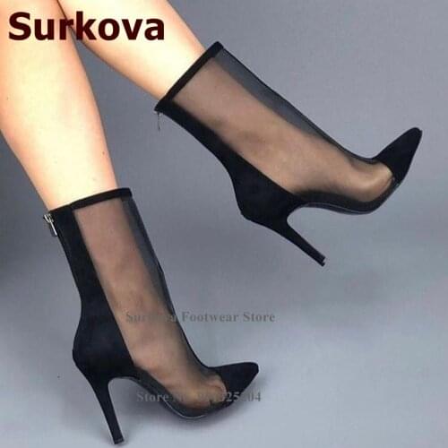 Surkova Elegant Black White Mesh Ankle Boots Stiletto Heels Pointed Toe Patchwork Dress Shoes Women Spring Summer Sandal Booties