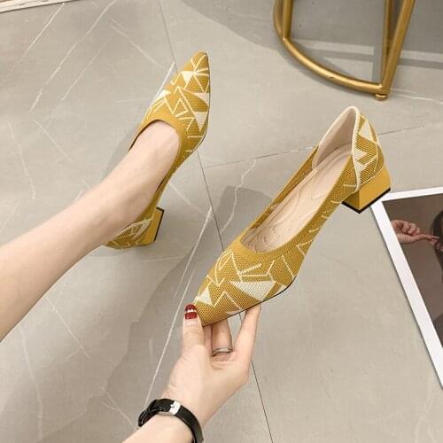 Spring/summer New Women Brand Flying Woven Mid Heels Womens Flying Woven Shallow Breathable Pointed Thick Heel Knitted Shoes