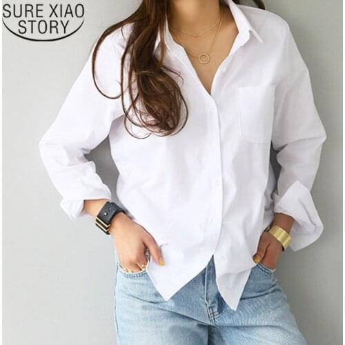 Women Tops And Blouses 2021 Shirts Women Blusas Loose One Pocket Feminine Blouse White Top For Women Solid Long Sleeve 3496 50