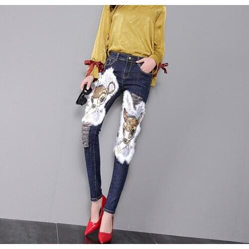 Womens Korean Fashion Rabbit hair fawn embroidery slim jeans Female Sexy hole Jeans Plus Size Pencil Pants TB3211