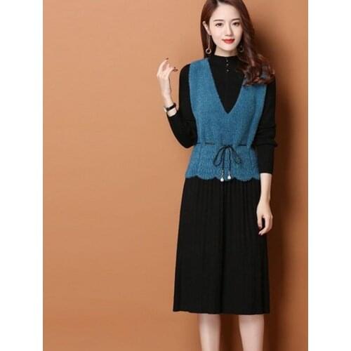 Autumn Women Suits V-neck Long Sleeve Knitted Dress and Sweater Vest Casual 2 Piece Set Female Outfits Knit Sweat Suit Set Q810