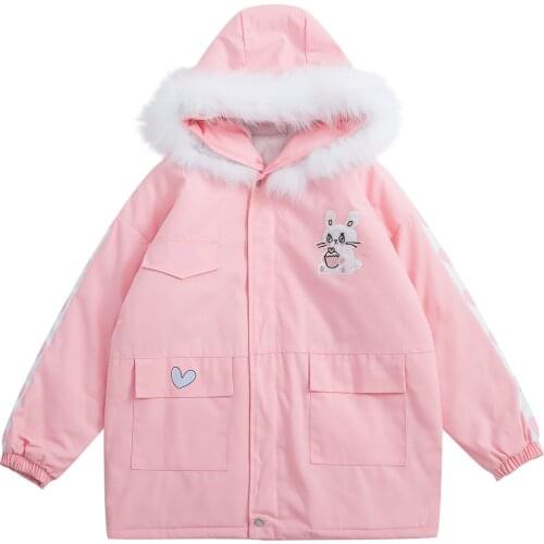 Merry Pretty Japanese Sweet Cute Winter Thick Long Coat for Women Hooded Outwear Parkas Coats Bunny Patch Oversized Pink Outcoat