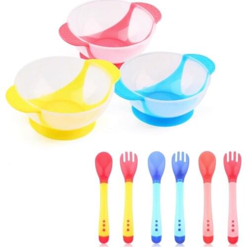 2016 Baby&Infants Feeding Set With Temperature Sensing Spoon&Fork Baby Learnning Dishes Assist Food Spoon Bowl Set Sucker