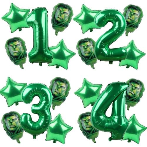 5pcs Avengers Hulk Iron Man Foil Balloons Green Number Party Inflatable Head Balloon Birthday Party Decoration Kids Toys Globos