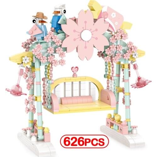 626pcs Mini City Street View Romantic Sakura Flower Swing Building Blocks Friends Cherry Blossoms Princess Bricks Toys For Girls