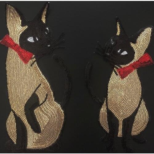 Gold Cartoon Cat With Red Bow Applique Clothing Sequined Fabric Sticker Iron On Patch Craft Sewing Repair Cheongsam Jeans DIY