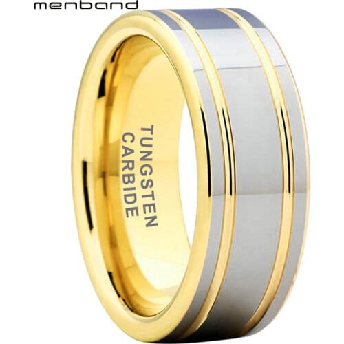 Shiny Gold Tungsten Carbide Ring Men Women Wedding Band Flat Band Grooved Finish 8MM Comfort Fit