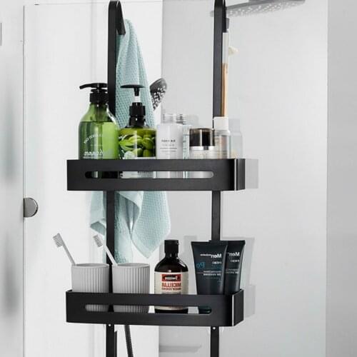 Black simple shower room shelf bathroom bathroom space aluminum 2-layer wall hanging basket free punch toilet storage LB92905