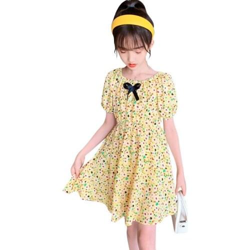 Kids summer girls bow short-sleeved floral dress new fashion loose waist big virgin princess dress