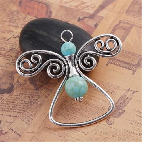 DoreenBeads Fashion Zinc Based Alloy Boho Chic Pendants Angel Silver Color Blue Butterfly Jewelry DIY Findings 56 x 51mm,1 PC
