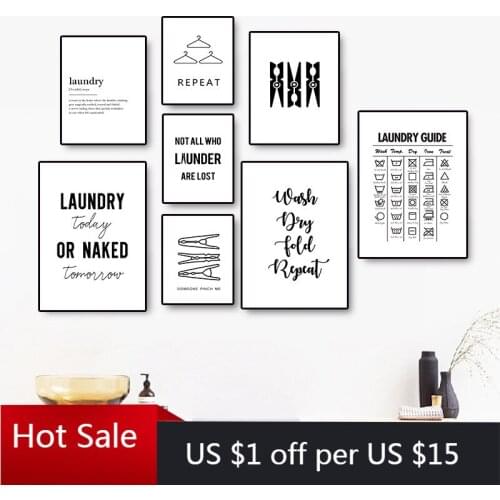 Laundry Signs Wall Art Canvas Painting Poster Print Black White Wash Dry Fold Repeat Molecular Picture Laundry Room Decor