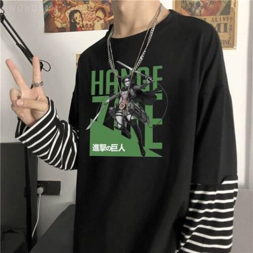 Fashion Japan Anime Attack On Titan T Shirts Top Men Harajuku Funny Hanji Zoe Print Unisex Oversized Long Sleeve Striped T-Shirt