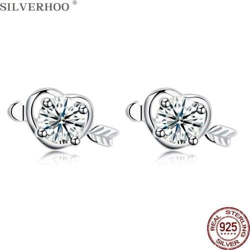 SILVERHOO Real Sterling Silver 925 Jewelry Heart Earrings Women Exquisite Cubic Zirconia Stud Earring Anniversary Romantic Gift