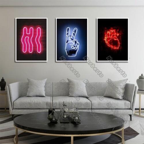 Canvas Painting Poster Print Fluorescent Abstract Pictures Red Stripes and Heart V-Shaped Gesture for Home Rooms Wall Decoration