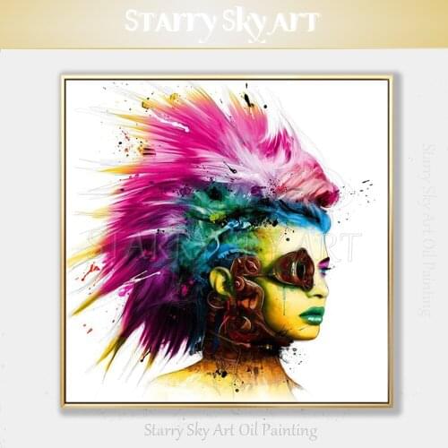 Artist Hand-painted High Quality Pop Art Punk Lady Portrait Oil Painting on Canvas Beautiful Girl with Colorful Hair Painting