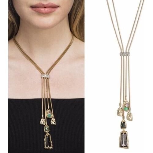 Inlaid irregular geometric gem Multi pendant Pendant snake chain double layer fashion necklace
