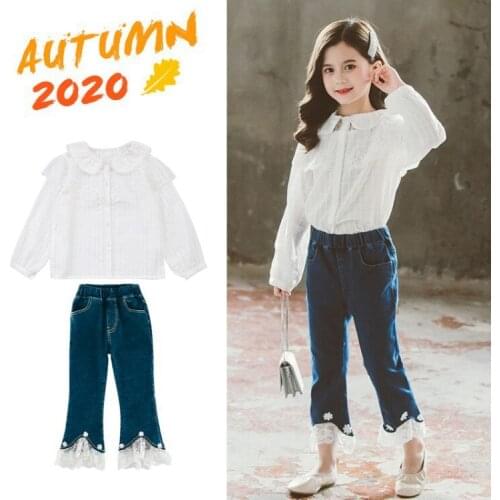 Girls Boutique Outfits Back To School Clothing Sets Lattice Blouse + Lace Jeans 2pcs Fall Kids Teen Clothing for 6 8 10 12 Years