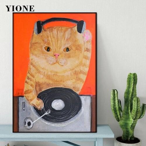 Funny Animal DJ Cat Canvas Painting Cartoon Poster and Prints Kitten Wall Picture Art Decor Living Room Kids Room Decoration