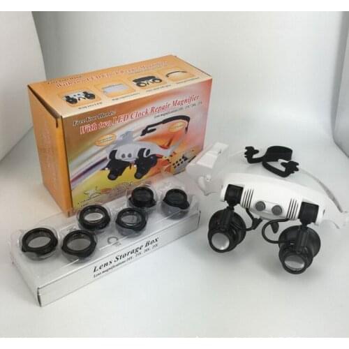 By dhl 20pcs 10X 15X 20X 25X LED Magnifier Double Eye Glasses Loupe Lens Jeweler Watch Repair tools with 8 Lens LED lamp
