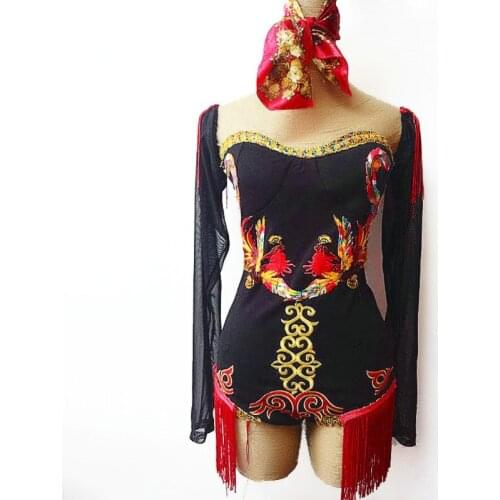 Evening Party Nightclub Chinese Style Classical Sexy Female Singer Long Sleeved Tassel Bodysuit Stage Pole Dance Costume DL4330