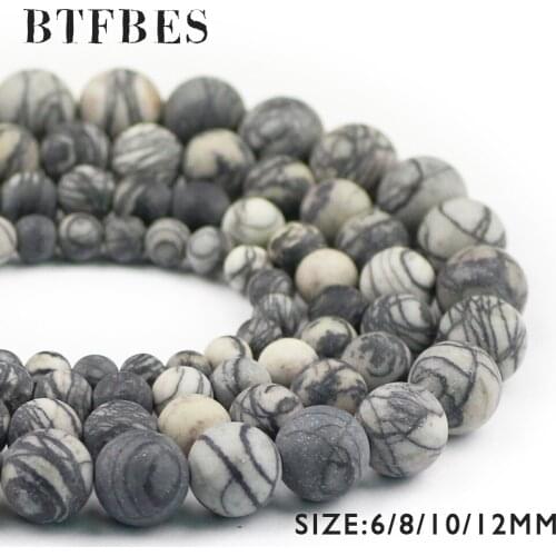 BTFBES AAA Matte Black grid stone Beads Natural Stone Round Ore Loose Bead 6 8 10 12mm Ball DIY Jewelry Bracelet Making Necklace
