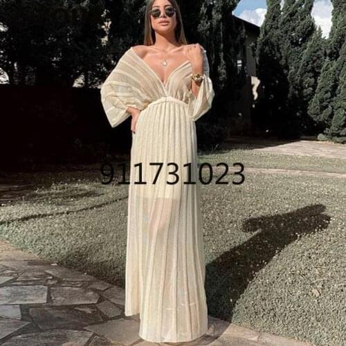 2021 Spring New Graceful Gown Dress Chic Women Solid Sexy Deep V-neck Long Cloak Sleeve Slim Waist Straight Floor-Length Dresses