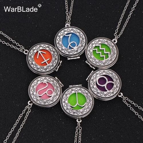 WarBLade New Vintage 12 Constellations Necklaces Aromatherapy Locket Pendant DIY Perfume Essential Oil Diffuser Necklace Jewelry