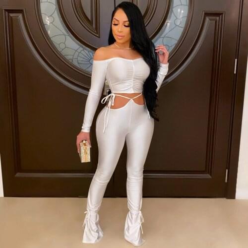 Autumn Sexy Club Outfits for Women Clothes Slash Neck Ruched Crop Top Lace-up Flare Pants Set Bandage Bodycon Women 2 Piece Set