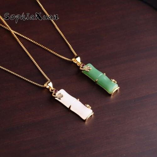 SophiaXuan Bamboo Green White Stone Pendant Necklaces Chinese Cultural Chain Fashion Accessories Necklace for Women Girls Partys