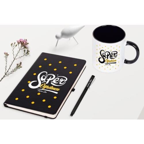 Personalized Super Teacher Themed Black Notebook Pen Mug Set-1