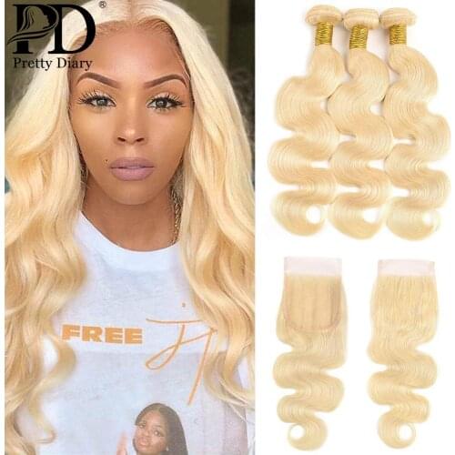 613 Human Hair Bundles with Closure Brazilian Hair Weave Lace Closure with 3 4 Bundle Remy 613 Blonde Body Wave Bundle Extension
