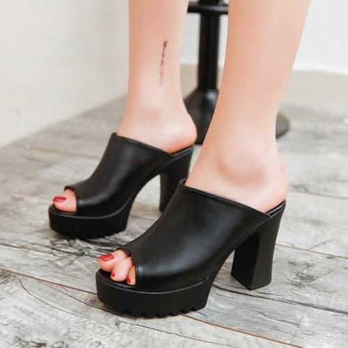 Women peep toe sandals high heel slippers women summer platform sandals slides women square heel slipper thick sole