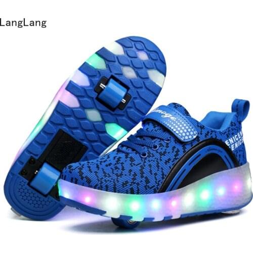 LED Light Sneakers with TWO Wheel Boy Girl Roller Skate Casual Shoe with Roller Girl Zapatillas Zapatos Con Ruedas Blue