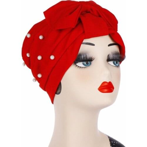 Women India Hat Muslim Turban Cap Pearl Cancer Chemo Hats Elasticity Cotton Bandanas Female Headwear Hair Bowknot Headscarf