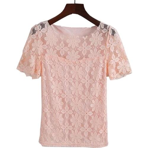 Pink Lace T Shirts Women Summer Short Sleeve Casual Solid Women T-Shirt Sexy Elegant Streetwear O-Neck Fit Oversized Tops
