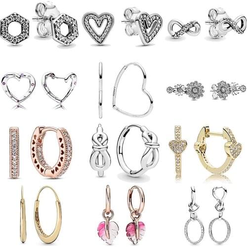 Original Honeycomb Infinity Asymmetric Heart Stud Earring With Crystal 925 Sterling Silver Earrings For Women Pandora Jewelry