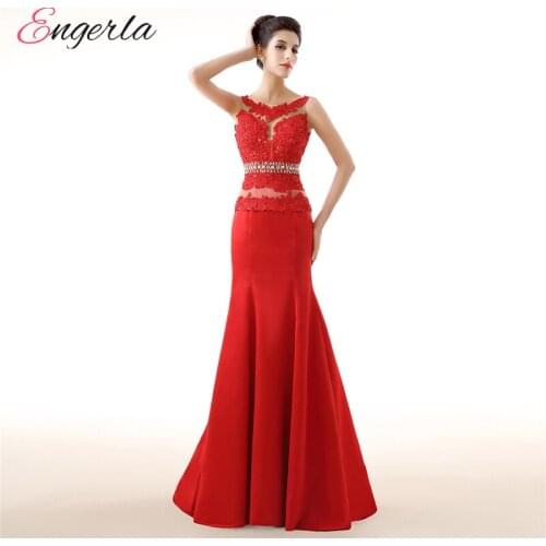 Engerla Red Mermaid Bridesmaid Dresses Lace Appliques Crystals Sash vestidos de festa vestido longo para casamento CB007
