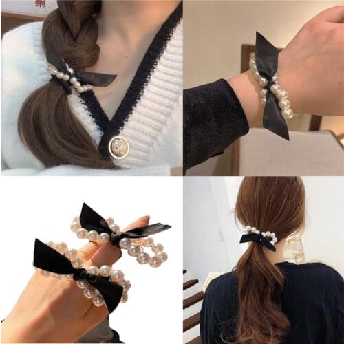 1 Pcs Pearl Hair Tie Bowknot Hair Bands Elastics Ties Ponytail Holder Scrunchy Hair Rope Vintage Band Women Girls Accessories