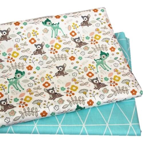 100% cotton twill fabric textile cartoon deer floral blue geometry rhombus fabric for DIY crib bedding apparel handwork decor