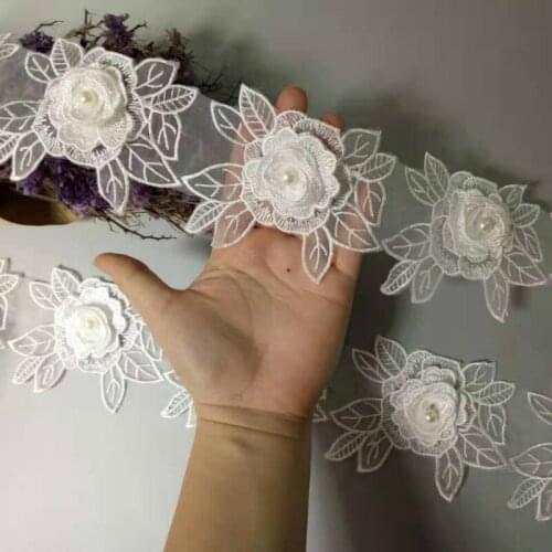 20Pcs/Lot White Rose Flower Leaf Pearl Lace Trim Applique Trimming Ribbon Embroidered Fabric Sewing Craft Wedding Decoration