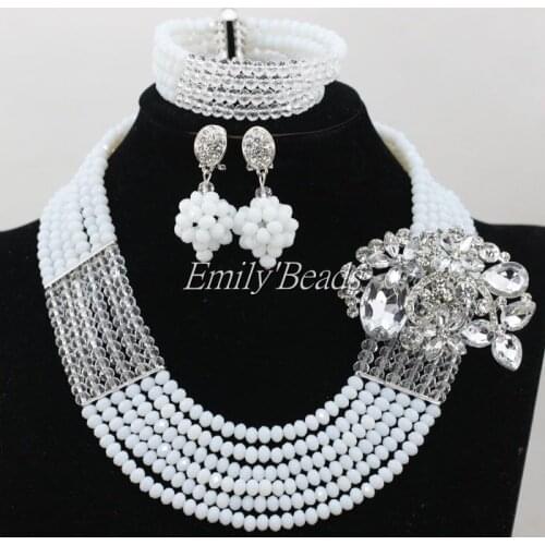2016 New Fashion Women Necklaces White Clear AB Crystal Costume Jewellry Nigerian Wedding African Beads Set Free Shipping AIJ383