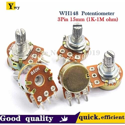 5pcs WH148 B1K B2K B5K B10K B20K B50K B100K B500K 3Pin 15mm Shaft Amplifier Dual Stereo Potentiometer 1K 2K 5K 10K 50K 100K 500K