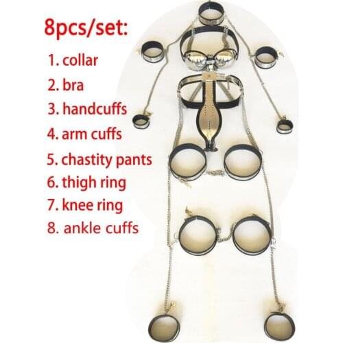 8pcs/set Male Chastity Belt Stainless Steel Bondage Kit Hand Leg Cuffs Collar Cock Cage Metal Men Chastity Device Sex Products
