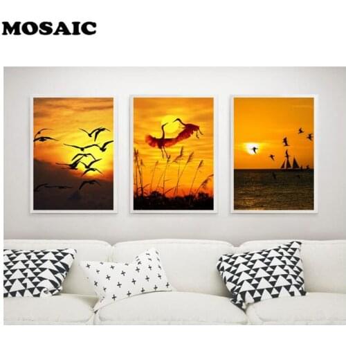 3pcs diamond embroidery Beautiful Retro Sunset Flying Bird and Sea diamond painting full square mosaic picture of rhinestone